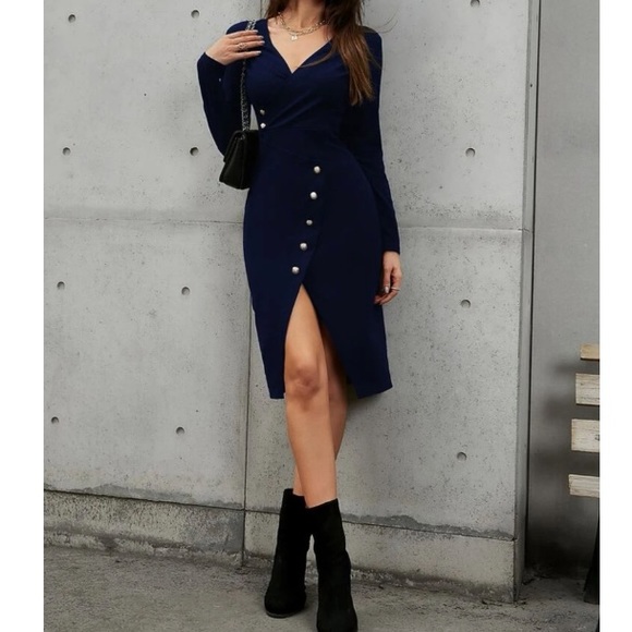 Boho navy blue button detail asymmetrical hem wrap dress - Picture 9 of 14